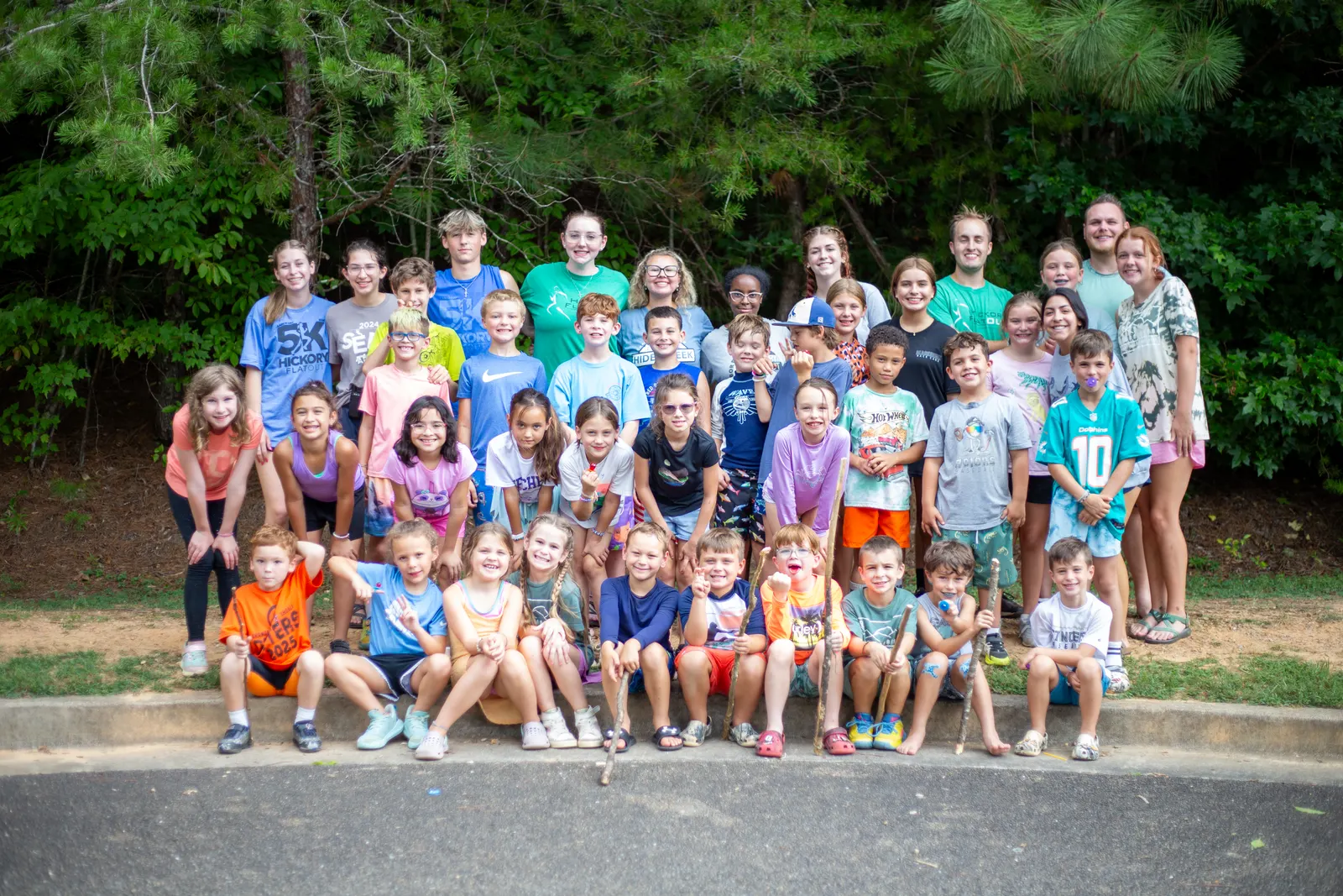 Campers and counselors posing for a group photo